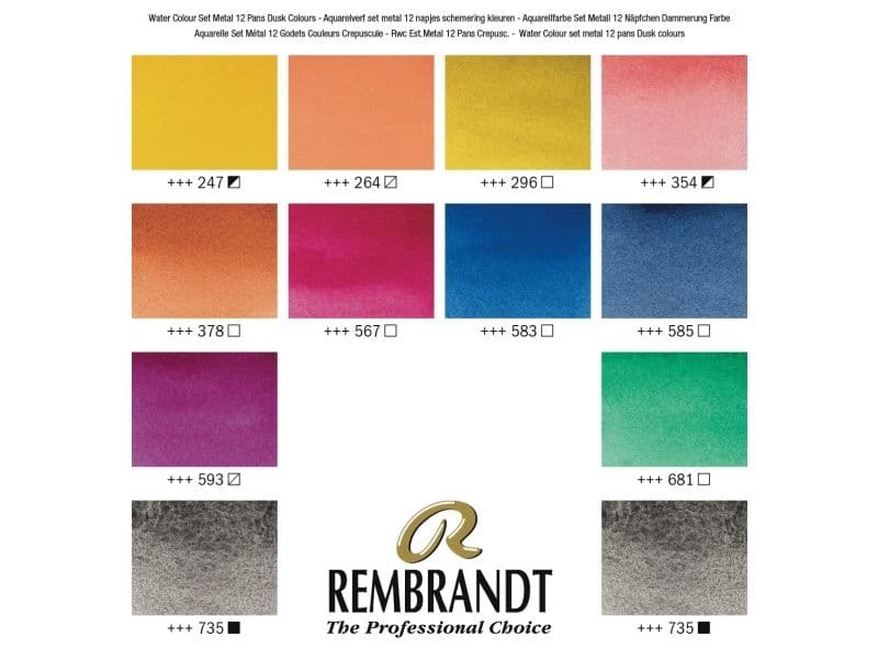 Rembrandt akvarell metallfargetinsett Oxide Black blanding/dagslys fargeutvalg 12 panner + pensel