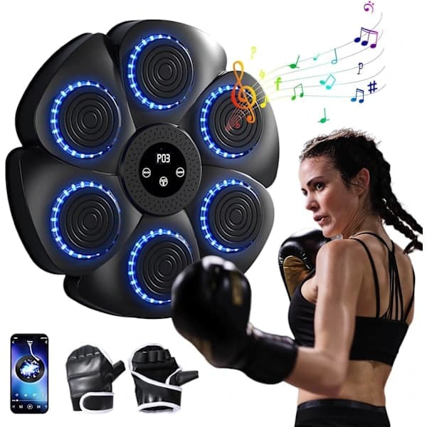 Musikalsk Boksemaskin, Smart Veggmontert Boksemaskin - Bluetooth med Boksehansker for Voksne og Barn, 9 Hastigheter og Nedtellingsmoduser