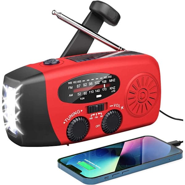Værradio, solradio, nødradio med håndsveiv, selvforsynt AM/FM solcelleværradio med LED-lommelykt, WB-radio
