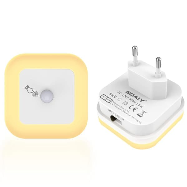 Dimbar LED-nattlampe med bevegelsessensor Sett med 2 nattlamper Stikkontakter Kontinuerlig justerbar lysstyrke 3 moduser (Auto/På/Av) Orienteringslys