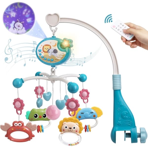 Mini Tudou Baby Musikalsk Sengemobil med Stjerneprojeksjon & Tidsfunksjon, Fjernkontroll Musikkboks Leke for Nyfødt 0-24 Måneder