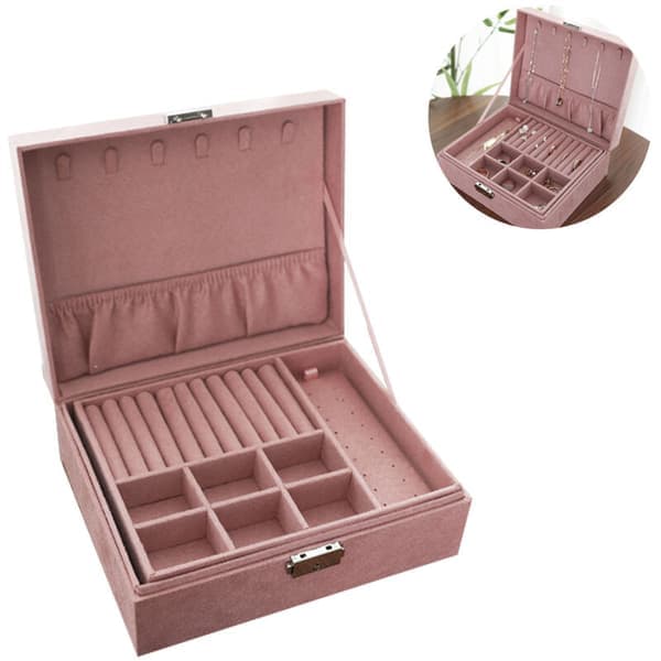 Smykkeboks for kvinner, 2 lag, stor, låsbar smykkeholder for øredobber og halskjede, rosa