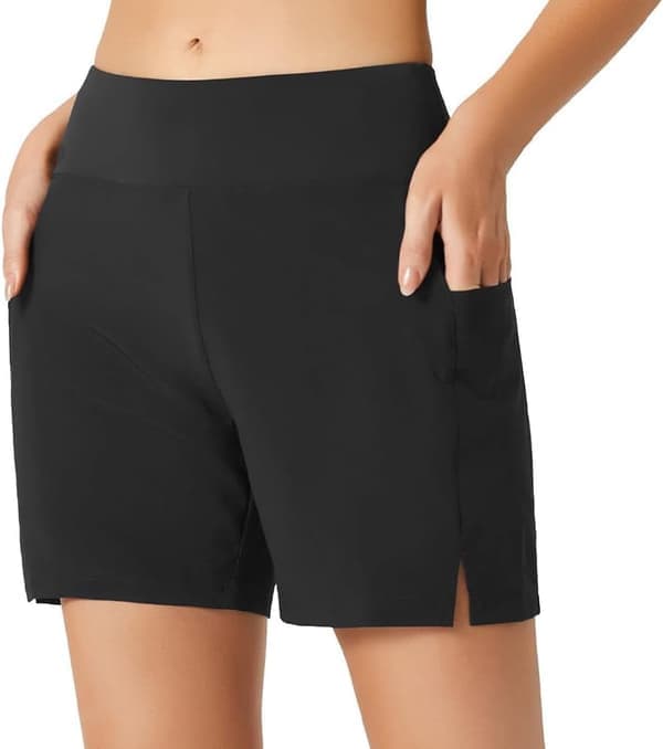 Damsimningshorts, Hög Midja Magkontroll Badshorts med Fickor, Snabbtorkande