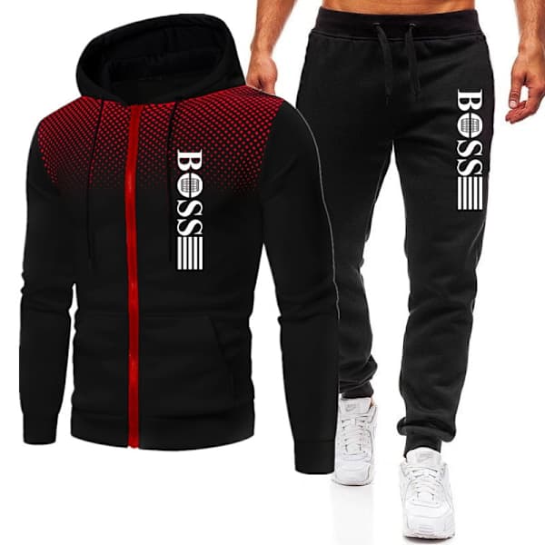 BOSS Herre Tracksuit 2-delt Hettegenser Langermet Jakke med Glidelås og Casual Joggebukser Treningsdress Sett Svart-Svart Svart-Svart-FM-