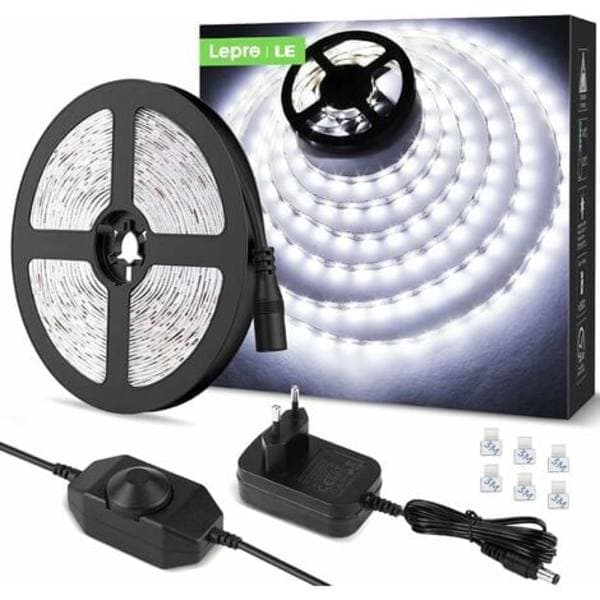 5M LED 1200Lm Kaldhvit Dimbar, 12V 6000K 300LEDs 2835, LED-stripe Selvklebende Med Dimmer, Koblinger+Transformator, Innendørsbelysning