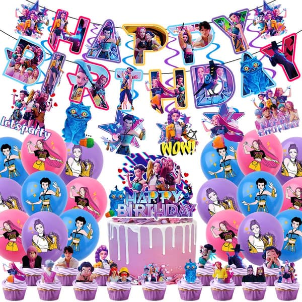 36-41 stk K-Pop Demon Hunters Festdekorasjonssett med Banner Ballonger Cupcake Toppers Duk for Bursdag Barnefest Tema