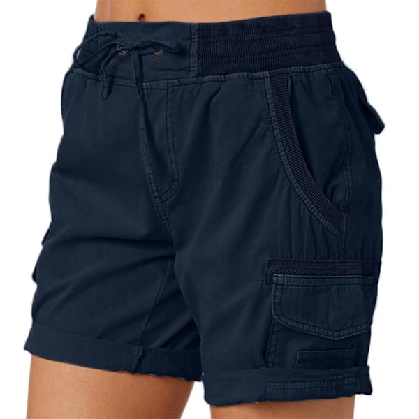 Cargo-shorts for kvinner, sommer, løse, turshorts, bermudashorts med lommer, dameshorts, avslappet, midt på låret, marineblå