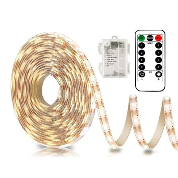 3m Batteridrevne LED-lyslenker med fjernkontroll, vanntett, 8 moduser, dimbar, timer, selvklebende klippbar (varmhvit)-FX-