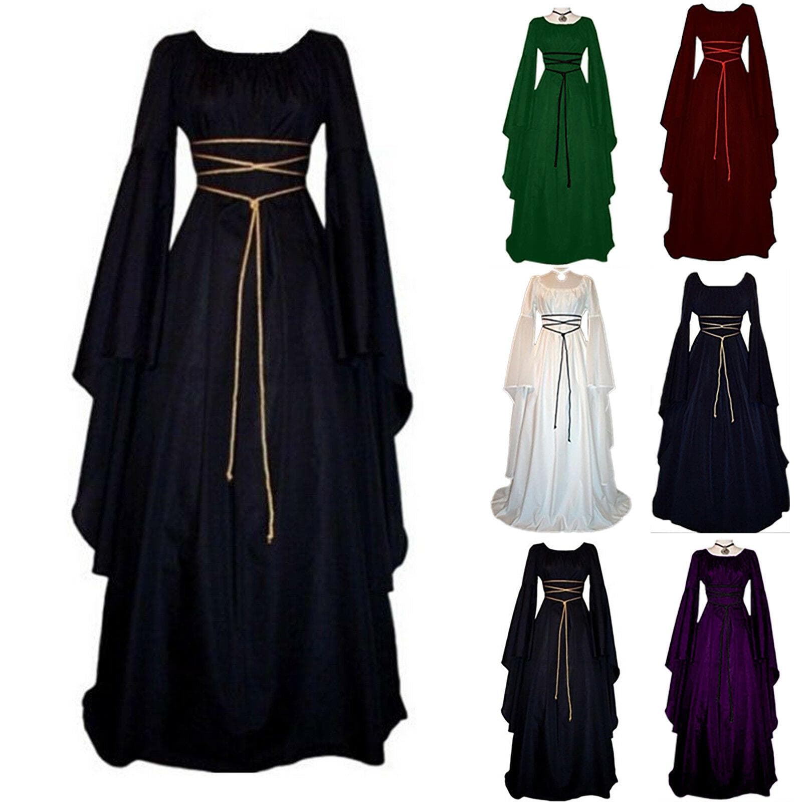 Kvinner Medieval Renaissance Retro Gown Cosplay Costume Langermet Maxi Dress cm vinrød farge