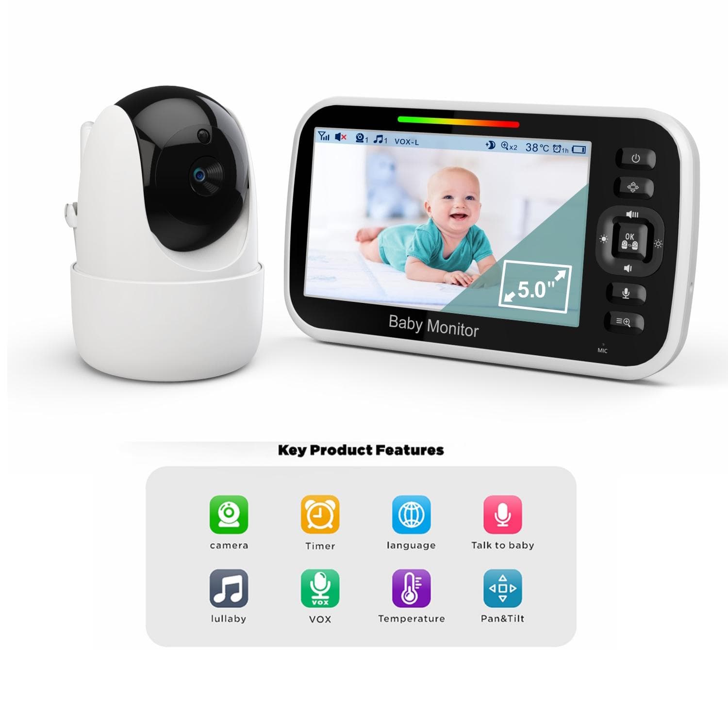 SM651 Baby Monitor 5'' LCD Pan-Tilt-Zoom Video Baby Monitor med kamera og lyd Night Vision 2-veis Talk Temperatur VuggeviserAA cm