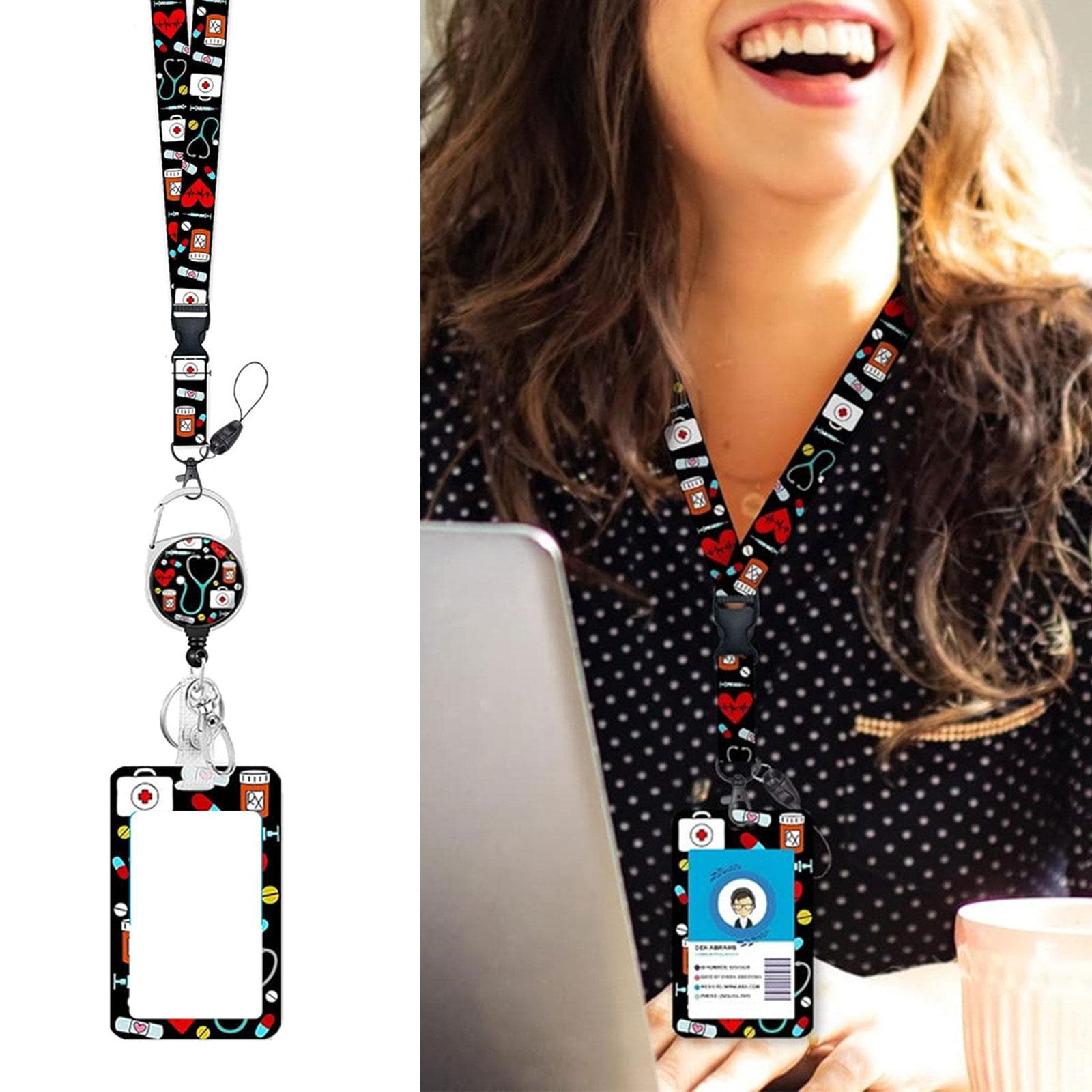 Uttrekkbar Kortholder og Lanyard Sett Identitetskort Merkeholder med Merkehjul for Sykepleier Lege Lærer