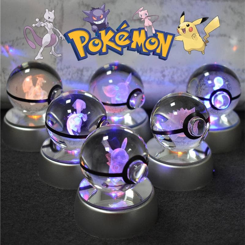 Pokemon krystallkule 3D Pikachu Gengar Mewtwo nattlys lampe Pokeball 3D glass Pokemon krystallkule Statue barnebursdagsgave
