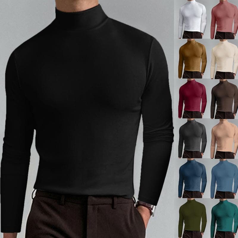 Mannlig høst og vinter ensfarget t-skjorte topp turtleneck langermet topp komfortable estetiske herreklær cm Blå