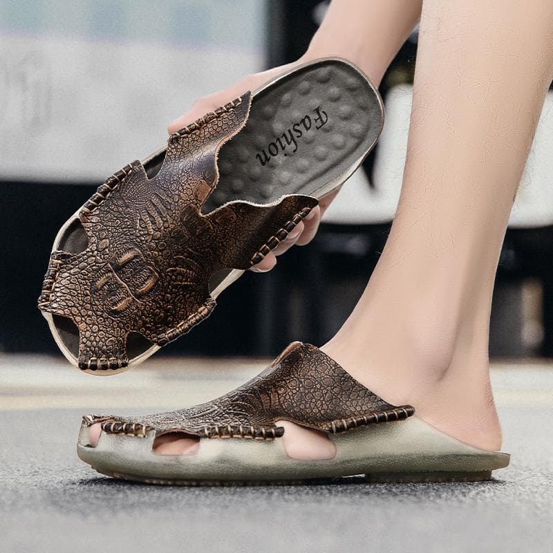 JAHSEH Ekte skinn Herre Tøfler Håndlagde Slip On Crocodile Grain Style Sommer Herre Fritidssko Sklisikker utendørs Herre Strandsko cm