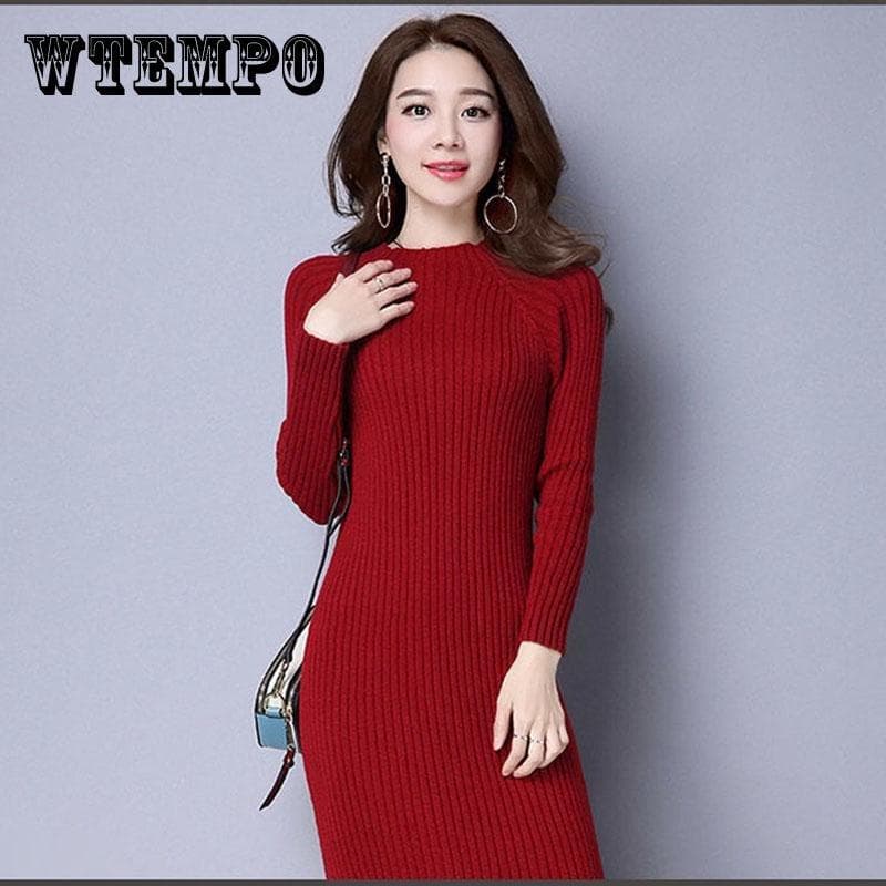 Elegante kvinner Midi-kjole Høst Lange Stretch-kjoler Vinter Ribbestrikket Strikkekåpe Kontor Dame cm