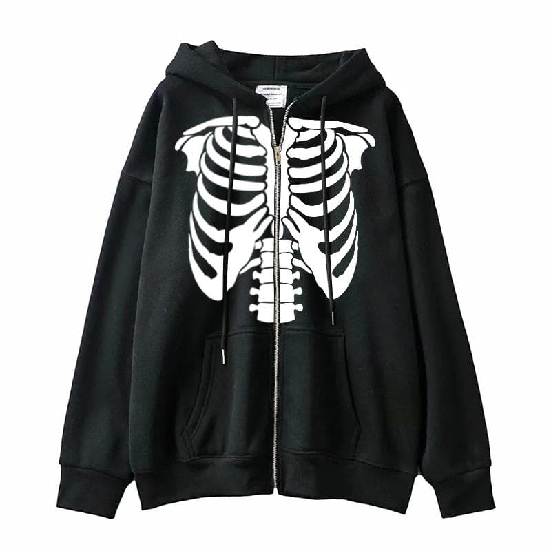 Gotisk hettegenser Langermet Harajuku Skeleton Sweatshirt Dame Y2K Estetisk Hip Hop Streetwear Vintage glidelås klær cm