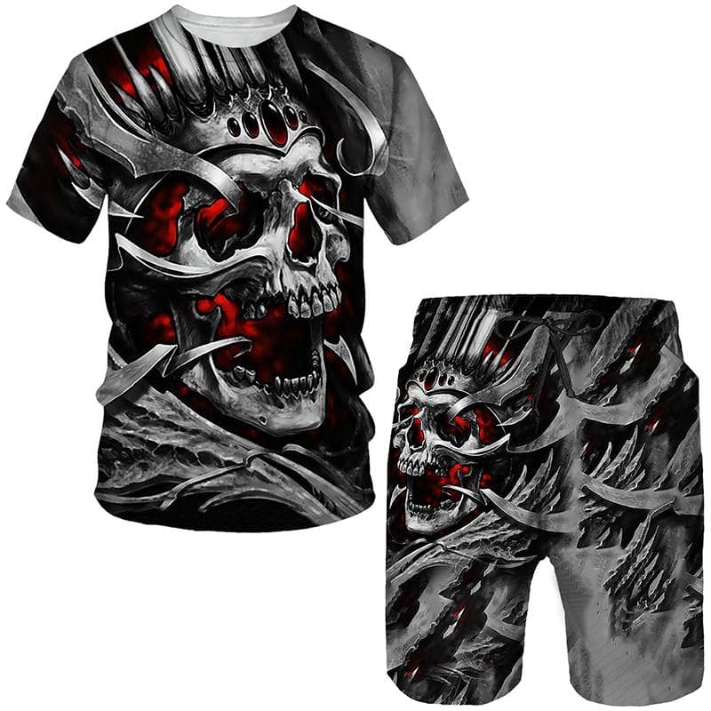 Nyhet Gothic Skull 3D Print Tee/Suit Sommer Herre Cool Punk Style T-skjorter+Shorts Sett Personlighet Hip Hop Streetwear Joggedress cm