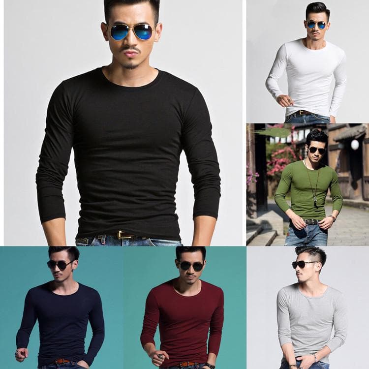 6 farger Menn Slank Langermet T-skjorte Tight Casual Tee cm