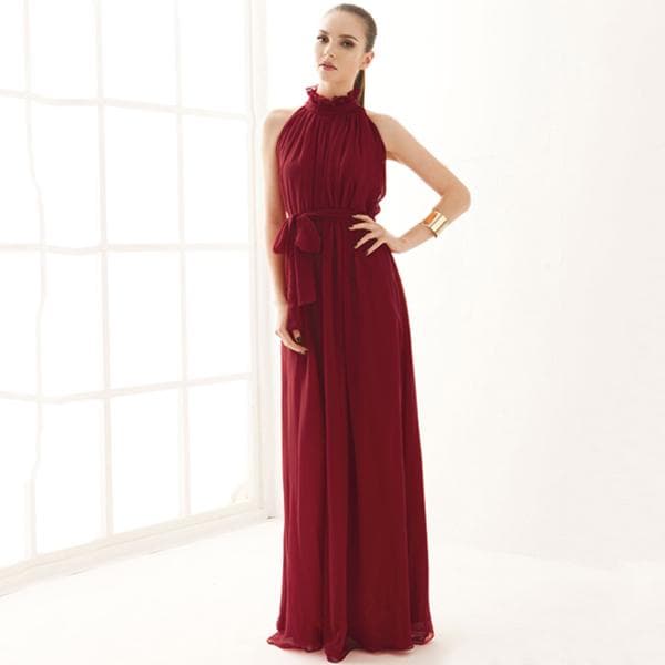 Mote Kvinner Bohemian Halter Neck Chiffon Lang Kveldskjole Festkjoler One size Rød