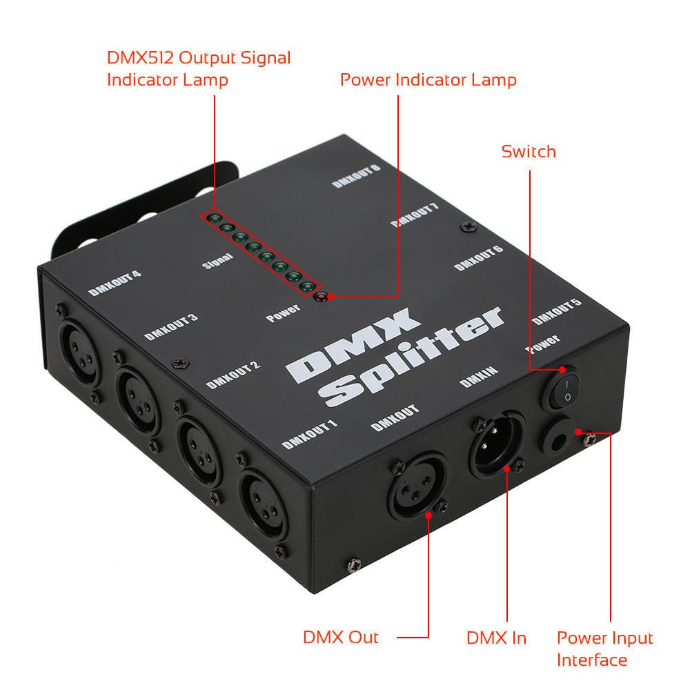 DMX512 Optisk Splitter 8-kanalers distribusjonsforsterker for Party DJ Show Club Disco KTV Stage