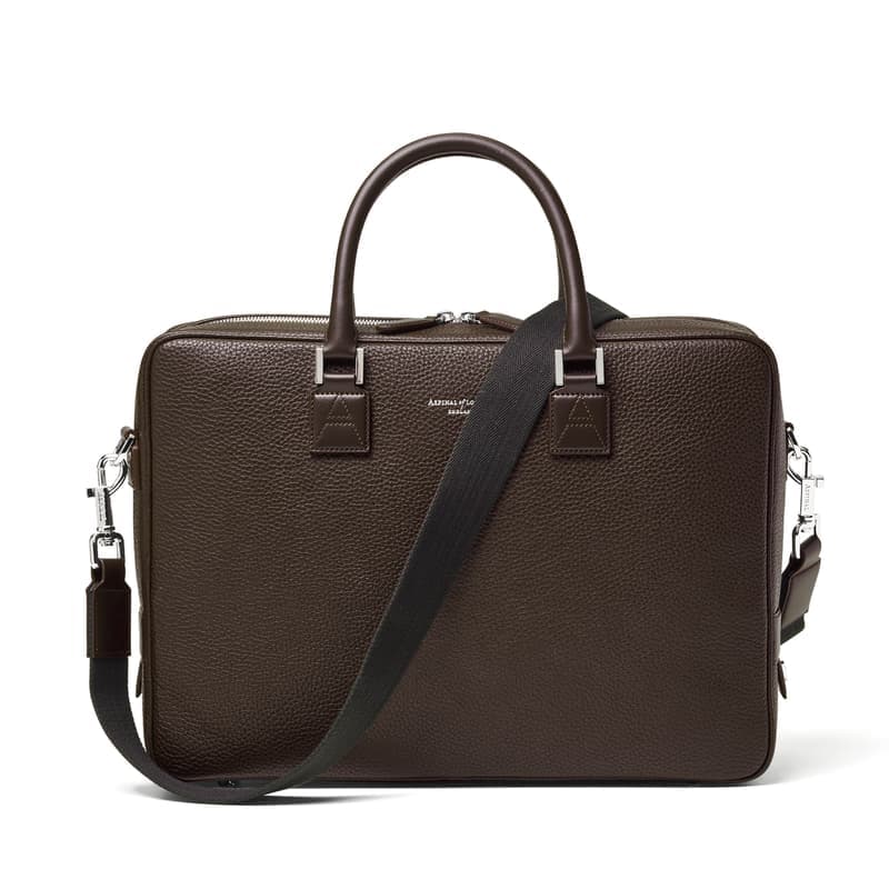 Aspinal of London Mount Street Leather Laptop Briefcase in Chocolate Pebble