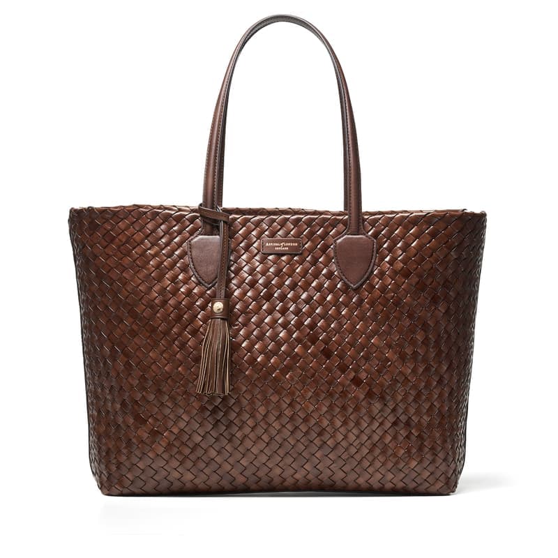 Aspinal of London Large Island Tote in Chocolate Woven Leather