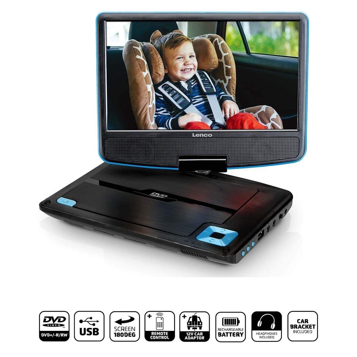 Bærbar 9" DVD-spiller med USB-hodetelefoner og monteringsbrakett Blå/Sort